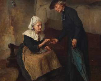 2375
Charles Baptiste Schreiber
(1845-1903)
Couple greeting each other in an interior, 1895
Oil on panel
Signed and dated lower right: Ch. Baptiste - 1895 -
10.5" H x 8.25" W
Estimate: $600 - $800