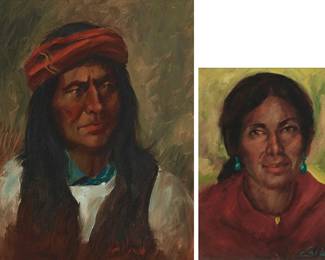 2195
Charles LaMonk (1910-1990)
Two works:
"Apache 'Colorado' son of Mangus Colorado"
Oil on canvas
Signed lower right: LaMonk; signed again and titled in pencil on the stretcher
20" H x 16" W
"Navajo Mother," 1965
Oil on canvasboard
Signed lower right: LaMonk; signed again, titled, and dated "1965," all verso; inscribed in another hand, verso: "Belongs to Phyllis W. Saylon and Stephanie Marie Saylon / 1970"
12" H x 9" W
Estimate: $400 - $600