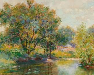 2058
Charles Albert Burlingame
(1860-1930)
"September"
Oil on canvas
Signed lower left: CA Burlingame; titled in ink on a label affixed to the stretcher
14.5" H x 14.25" W
Estimate: $700 - $900