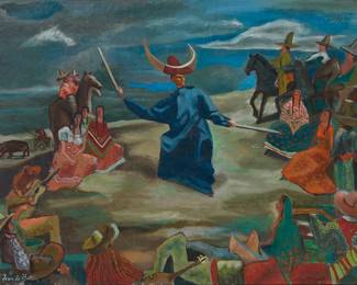 2201
Jean Isy de Bottom
(1898-1978)
"Baile Nativo a la Luna"
Oil on canvas
Signed lower left: Jean de Bottom; signed again, titled, and numbered "No. 75," all verso
22" H x 28" W
Estimate: $800 - $1,200