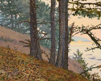 2094
Peter M. Loftus
(b. 1948)
"Coastways Woods in Smokey Light (Los Padres Fire)," 1993
Oil on canvas
With the incised signature and date lower right: © Loftus 10-28-93; signed again (twice), dated again, and titled, all in pencil, verso
18" H x 20" W
Estimate: $400 - $600