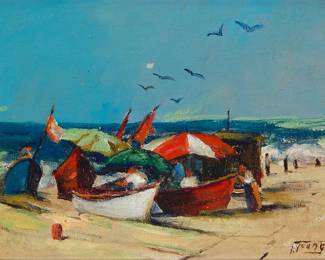 2031
Florence Young
(1872-1974)
Dories on the beach (Newport Beach Pier)
Oil on canvasboard
Signed lower right: F. Young
6.875" H x 8.875" W
Estimate: $600 - $800