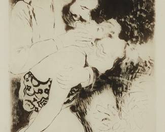 2279
Louis Auguste Mathieu Legrand
(1863-1951)
"The Kiss, Maitress"
Drypoint on wove paper
Edition: 5/10
Signed, numbered, and indistinctly inscribed in pencil in the lower margin, at right: Louis Legrand
Plate: 22.75" H x 14.5" W; Sight: 24.75" H x 16.5" W
Estimate: $300 - $500