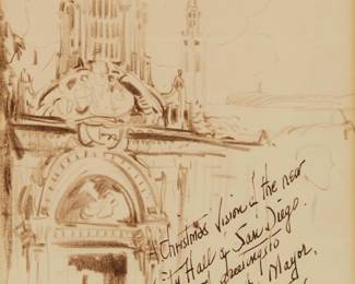 2391
Charles Reiffel
(1862-1942)
"A Christmas Vision," 1932
Brown pencil and ink on paper
Signed, titled, dated, and inscribed in ink, all lower right: "A Christmas Vision of the near / City Hall of San Diego / with greetings to / His Honor the Mayor / John F. Forward Jr. / from the [sic] Charles Reiffel / December 26, 1932; initialed in brown pencil, lower left: CR
Sight: 10" H x 6.5" W
Estimate: $500 - $800