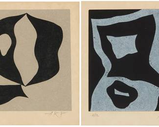 2282
Jean Arp
(1886-1966)
Two works: "Voilier III," and "Voilier V," from "Le Voilier dan la Forêt," 1957
Each: Woodcut in colors on Japon nacré paper
Edition of each: 3/12
Each: Signed and numbered in pencil in the lower margin: Arp; Féquet et Baudier, Paris, prntr.; Louis Broder, Paris, pub.
Image of each: 5.5" H x 4.625" W; Sight of each: 6.625" H x 5.5" W
Estimate: $300 - $500