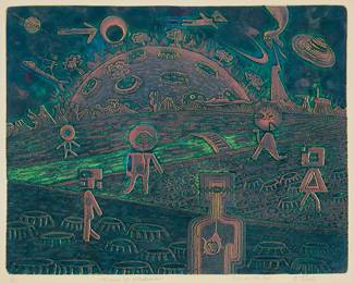 2286
Shinobu Tobita
(20th century)
"Paisajes de Extraterrestres"
Etching and aquatint in colors on wove paper
Edition: 4/20
Signed, titled, dated, and numbered in pencil in the lower margin: S. Tobita / Julio de 1989 Mex
Plate: 15.125" H x 19.25" W; Sight: 16.25" H x 20.125" W
Estimate: $150 - $250