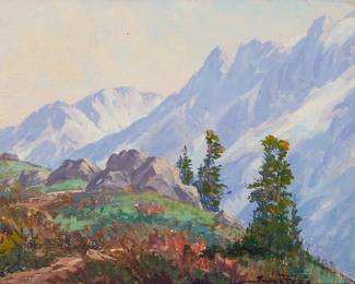 2115
Joseph Frey
(1892-1977)
Mountain scene with red rocks
Oil on canvas laid to Masonite
Signed lower right: Joseph Frey
9" H x 12" W
Estimate: $300 - $500