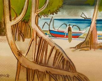 2015
Milford Zornes
(1908-2008)
Beach scene with figure and boat, 1986
Watercolor and traces of charcoal on paper
Signed and dated lower left: Zornes 86
Sight: 10" H x 14" W
Estimate: $600 - $800