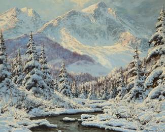 2121
Laszlo Neogrady
(1896-1962)
Hungarian winter landscape
Oil on canvas
Signed lower right: Neogrady Laszlo; numbered "20725" and with the artist's copyright ink stamp, both verso
24" H x 30" W
Estimate: $700 - $900