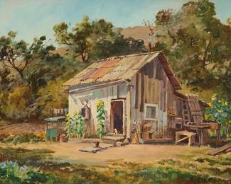 2064
Albert Thomas De Rome
(1885-1959)
Cottage with sunflowers
Oil on canvasboard
Signed lower right: A. De Rome; annotated by various artists, verso
10" H x 14" W
Estimate: $800 - $1,200
