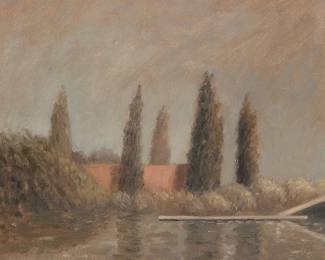 2034
Gordon Cook
(1927-1985)
"Floating Pier," 1984
Oil on canvas
Signed, titled, and dated, all verso: g. cook / 1984; numbered "#519" in red ink on the stretcher; titled, dated, and numbered again on a label affixed to the frame's verso
8" H x 8.25" W
Estimate: $300 - $500