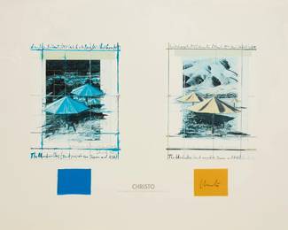 2237
Christo
(1935-2020)
"The Umbrellas, Joint Project for Japan and USA"
Two collage offset lithographs in colors on paper and fabric collage all on paper, as issued
Signed in ink on the yellow fabric element, lower right: Christo; with the printed title, lower center
Sheet: 27.5" H x 39.25" W
Estimate: $500 - $700
