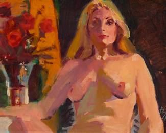 2339
Neil Boyle
(1931-2006)
Seated nude with floral still life
Oil on board
Signed lower right: Boyle / BSWCA
12.125" H x 16" W
Estimate: $400 - $600