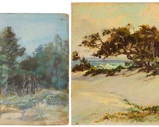 2066
Attributed to Albert Thomas De Rome
(1885-1959)
Two works: Coastal dunes, and Trees in a landscape
Each: Oil on canvasboard
Each: Unsigned
Smallest: 8.5" H x 12" W; Largest: 10" H x 14" W
Estimate: $600 - $800