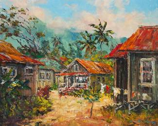 2081
Hajime Okuda
(1906-1992)
Hawaiian laundry day, 1973
Oil on canvas
Signed and dated lower right: H. Okuda / 73
24" H x 30" W
Estimate: $2,000 - $3,000