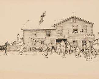 2259
After Norman Rockwell
(1894-1978)
"Blacksmith's Boy - Heel and Toe (Blacksmith Shop)," circa 1940
Lithograph on paper
Edition: 188/200
Signed and numbered in pencil in the lower edge, possibly in another hand: Norman Rockwell
Image: 8" H x 27.5" W (approx.); Sight: 13" H x 29" W
Estimate: $300 - $500
