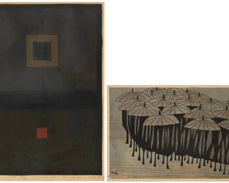 2207
Two Japanese woodcuts
Two works:
Takeji Asano (1900-1999)
"Rainy Day (B)," 1968
Woodcut in colors on paper
From the edition of unknown size
Signed, titled, and inscribed in Japanese in pencil in the lower margin: T. Asano
Image: 9.5" H x 14.25" W; Sight: 10" H x 14.75" W
Kunihiro Amano (1929-2001)
"Enclosure 24," 1966
Woodcut in colors on paper
Edition: 10/30
Signed, titled, dated, and numbered in pencil in the lower margin: Kunihiro Amano
Image: 21.625" H x 15" W; Sight: 22.625" H x 15.5" W
Estimate: $200 - $300