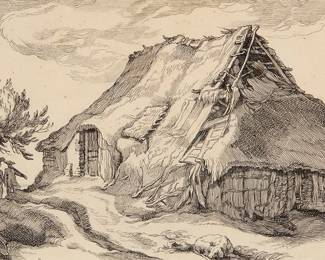 2265
After Abraham Bloemaert
(1566-1651)
"Landscape with Farm House," 1613
Engraving on paper
From the edition of unknown size and date
Unsigned; alternatively titled in ink on a label affixed to the frame's backing board: "Landscape with Old Cottage"
Sight: 5.75" H x 9.375" W
Estimate: $200 - $300