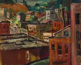 2144
Ted Christensen
(1911-1998)
"Sunset Canyon, L.A.," 1951
Oil on canvas laid to artist's board
Faintly signed lower left: Ted Christensen; signed again, titled, and dated, all verso: 1951
20" H x 24" W
Estimate: $600 - $800