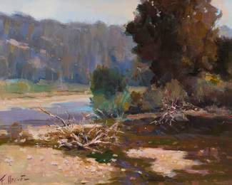 2043
Felice Hrovat
(20th Century)
River through a landscape
Oil on canvasboard
Signed lower left: F. Hrovat; signed again in ink, verso
9" H x 12" W
Estimate: $400 - $600