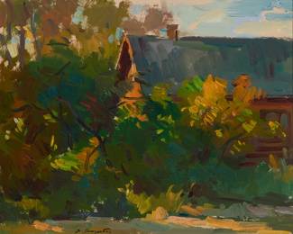 2084
Sergei Bongart
(1918-1985)
House in a landscape
Oil on board
Signed lower left: S. Bongart
16" H x 20" W
Estimate: $500 - $700