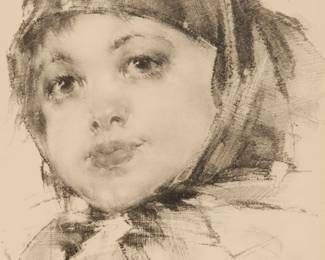 2278
Nicolai Ivanovich Fechin
(1881-1955)
Portrait of a young girl
Offset lithograph on paper
Signed and inscribed "P.R. 50-4." in pencil in the lower right and left corners, respectively: Nicolai Fechin
Sight: 14.5" H x 10.5" W
Estimate: $500 - $700