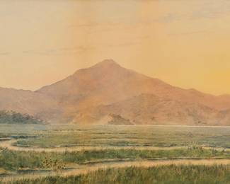 2118
20th Century American School
Mountain scene with marshy fields in the foreground
Watercolor on paper
Appears unsigned
Sight: 10.375" H x 17.25" W
Estimate: $200 - $300