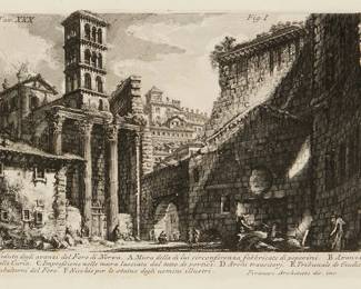 2268
After Giovanni Battista Piranesi
(1720-1778)
"View of the Remains of the Forum of Nerva," 1756
Engraving on wove paper
From the edition of unknown size and date
The artist's name, title, and inscription etched in the plate: Piranesi Architetto dis. inc.; titled on a gallery label affixed to the frame's backing paper
Plate: 5.5" H x 7.875" W; Sight: 6.125" H x 8.5" W
Estimate: $150 - $250