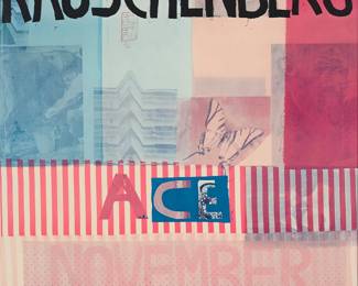2242
After Robert Rauschenberg
"Rauschenberg / Ace / November / Venice USA" exhibition poster, 1977
Offset lithograph in colors on paper
From the edition of unknown size
Signed in red marker along the lower edge: Rauschenberg; ACE Gallery, Venice, CA, pub.
Sight: 49.625" H x 35.625" W
Estimate: $300 - $500
