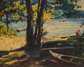 2045
George Hausdorf
(1888-1959)
Boats beached at the lake
Oil on Masonite
Signed lower right: George Hausdorf
12" H x 16" W
Estimate: $700 - $900