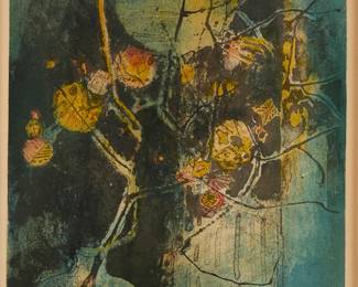 2163
Dang Lebadang
(1921-2015)
"Le Vase de Fleurs Bleues"
Lithograph in colors on wove paper
Edition: 3/150
Signed and numbered in pencil in the lower margin: Lebadang; titled in ink on a label affixed to the frame's backing paper
Image: 24.25" H x 17.875" W; Sight: 25.75" H x 19" W
Estimate: $150 - $250