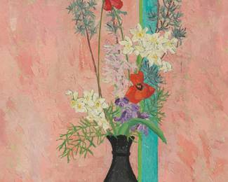 2159
Pierre Ramel
(1927-1997)
Floral still life with pink background, 1979
Oil on canvas
Signed lower right: Pierre Ramel; signed again, dated, and partially indistinctly inscribed in French, all verso: 16.10.79 / "En cadeau à Madame P[***]sen / aime mon amical [*****]
24" H x 18" W
Estimate: $400 - $600