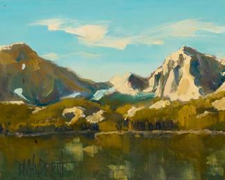 2060
Donald Hildreth
(b. 1941)
"Sierra Lake," 1998
Oil on canvas laid to Masonite
Signed lower left: D.M. Hildreth; signed again, titled, and dated "00.98," all verso
8" H x 10" W
Estimate: $400 - $600