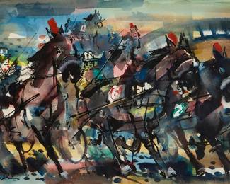 2184
Noël Quinn
(1915-1993)
Horses drawing carriages, 1953
Watercolor on paper
Signed and dated lower left: Noël Quinn / 1953
Sight: 19.75" H x 27" W
Estimate: $600 - $800