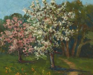 2096
Bertha Stringer Lee
(1869-1937)
"Spring Blossoms"
Oil on canvas laid to board
Signed lower right: Bertha Stringer Lee; titled on a typed label affixed to the frame's verso
10" H x 9.25" W
Estimate: $400 - $600