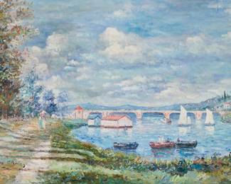 2131
John Clymer
(b. 1932)
Path along a French river with boats and a bridge
Oil on canvas
Signed lower left: John Clymer
24" H x 36" W
Estimate: $500 - $700