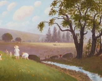 2369
Joseph Patrick McMeekin
(1857-1936)
"Gathering Wild Flowers in Napa," 1913
Oil on board
Signed and dated lower right: J.P. McMeekin / 1913; titled and dated again in ink on a piece of an old frame's backing paper affixed to the frame's verso
12.25" H x 18.5" W
Estimate: $500 - $700