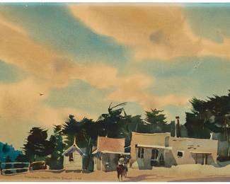 2078
Rex Brandt
(1914-2000)
"Mountain Town," 1960
Watercolor on paper
Signed, titled, and dated in pencil, all lower left: Rex Brandt / 7-60
Image: 12.5" H x 19" W; Sheet: 13.75" H x 20.25" W
Estimate: $800 - $1,200