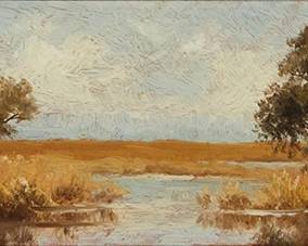 2052
Annie Lyle Harmon
(1855-1930)
Trees in a landscape
Oil on cigar box lid
Signed and partially indistinctly inscribed with an address, verso: Annie L. Harmon
Sight: 2.5" H x 8.5" W
Estimate: $300 - $500