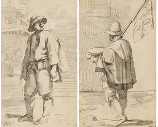 2274
After Annibale Carracci (1560-1609)
Two works:
"Spazzacamino"
Etching on paper
From the edition of unknown size and date
Bears the printed signature and inscription lower left; with the printed number "50" lower right
Sight: 10.625" H x 6.5" W
"Vende pasta per i Sorci - Le Arti di Bologna"
Etching on paper
From the edition of unknown size and date
Bears the printed initials lower right; with the printed number "13" lower left
Sight: 10.625" H x 6.5" W
Estimate: $100 - $150