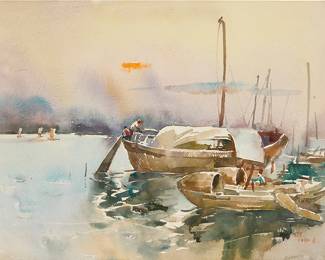 2036
Liu Fenglan
(b. 1944)
"Clear Sky After Snowing at Erhai Lake," 1982
Watercolor on paper laid to cardstock paper
Signed in Chinese and dated lower right: 1982.8; inscribed in Chinese characters and with the artist name in blue ink, possibly in another hand, verso; titled by repute
Sheet: 14" H x 18.125" W; Support Sheet: 19.875" H x 15.5" W
Estimate: $500 - $700