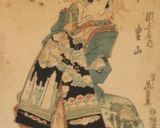 2216
Keisai Eisen
(1790-1848)
"Tozan of the Okamoto House," circa 1820s
Woodcut in colors on paper
From the edition of unknown size and date
With various printed black ink Japanese characters scattered along the right edge
Sight: 14.375" H x 10" W
Estimate: $200 - $300