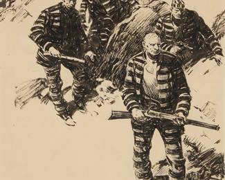 2396
Nick Eggenhofer
(1897-1985)
"Prisoners"
Ink on paper
Signed lower left: N. Eggenhofer; titled on a gallery label affixed to the frame's backing paper
Sight: 10" H x 8" W
Estimate: $300 - $500