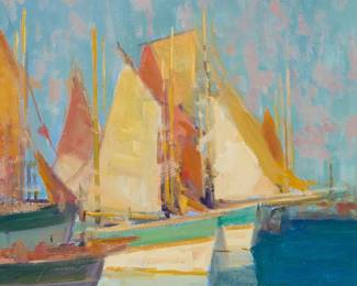 2038
Felice Hrovat
(20th Century)
Red and yellow sails in a harbor
Oil on canvas
Signed lower left: F. Hrovat
14" H x 11" W
Estimate: $400 - $600