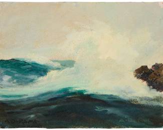 2069
Albert Thomas De Rome
(1885-1959)
"Pt Lobos - Surf Off Moss Beach," 1935
Oil on unstretched canvas
Signed lower left: A. De Rome; titled and dated in ink, verso: Oct 1935; annotated by various artists, verso
6" H x 8" W
Estimate: $600 - $800