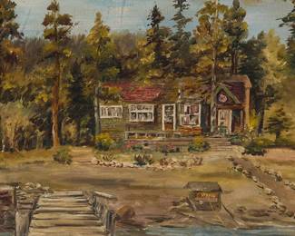 2073
Attributed to Albert De Rome
(1885-1959)
Mountain lake house
Oil on canvas laid to board
Appears unsigned
12" H x 16" W
Estimate: $300 - $500
