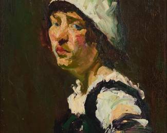 2371
Emile Crapuchettes
(1889-1972)
Portrait of a young woman in a bonnet
Oil on canvas laid to canvas
Signed lower left: E. Crapuchettes
26" H x 20" W
Estimate: $600 - $800