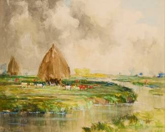 2138
Sophie Marston Brannan
(1877-1962)
"Haystacks"
Watercolor on paper
Signed lower left: Sophie M. Brannan; titled on a label affixed to the frame's backing paper
Sight: 9.75" H x 11.75" W
Estimate: $500 - $700