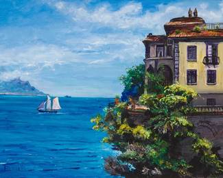 2133
Jeannine Levitt-Riccio
(20th Century)
"Mediterranean Splendor," 2000
Oil on canvas
Signed lower left: Fleurette; signed again as Fleurette and Levitt Riccio, titled, and inscribed "Bella, Italia" / "Hawaii," all verso; dated by repute
14" H x 18" W
Estimate: $200 - $300