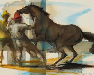 2186
Frank Nelson Ashley
(1920-2007)
"Two Exercise Boys and Frisky Horse," 1962
Watercolor and graphite on paper
Signed and dated lower right: Frank N. Ashley 1962; titled and inscribed with the artist's address on the frame's backing board, the latter detail possibly in another hand
Sight: 19.25" H x 29.5" W
Estimate: $200 - $300